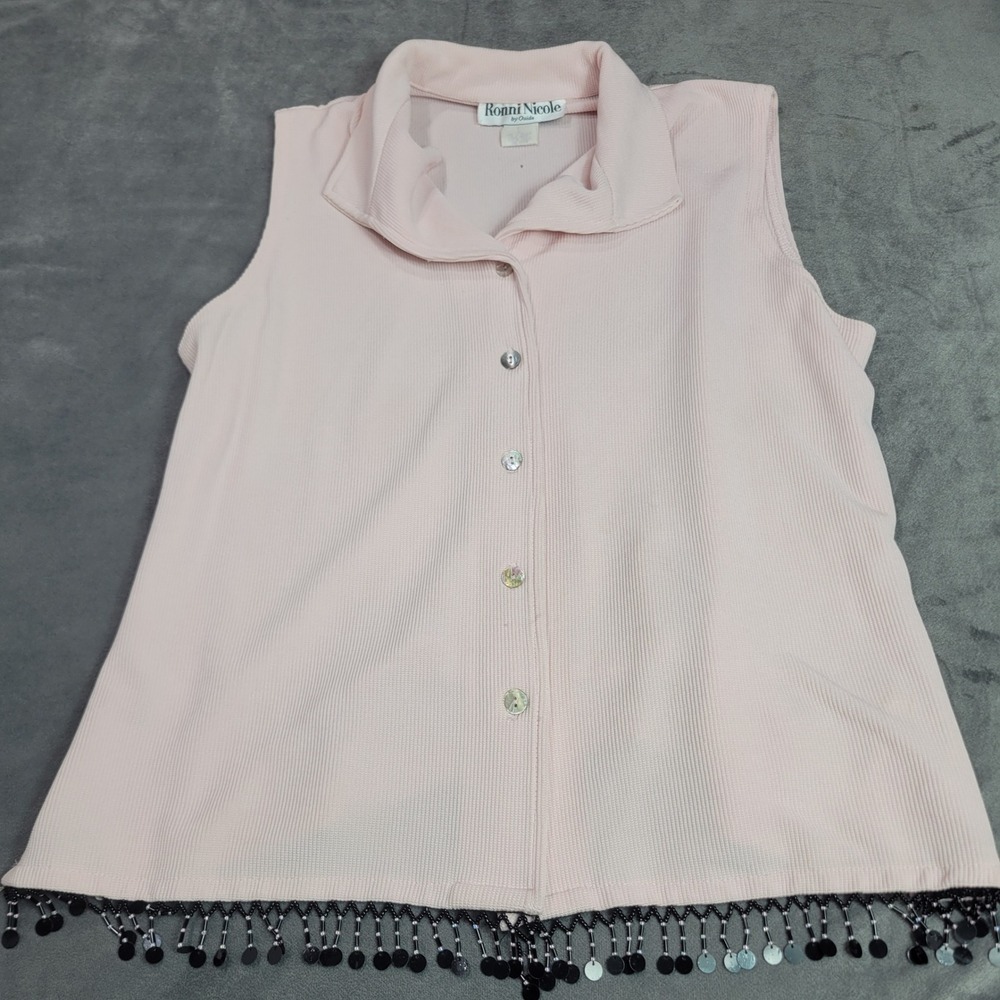 Ronni Nicole Pink Ribbed Sleeveless Button Up Top Beaded Fringe Hem L‎ 57481X